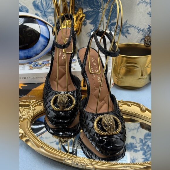 🆕 KURT GEIGER LONDON 🧿 NWOB Chelsea Ankle Strap Heel, Black Snakeskin, Sz 37 7 - Picture 8 of 15